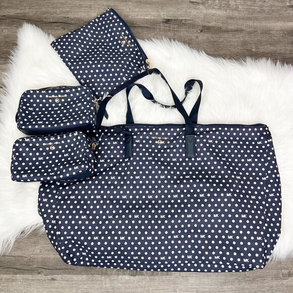 Michael Kors Navy Polka Dot Large Jet Set Nylon Packable Tote Travel Bags Set - Picture 1 of 11